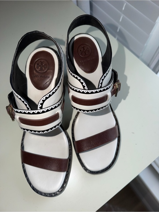 Tory Burch Shoes - Tory Burch White and Brown Leather Buckle Sandals